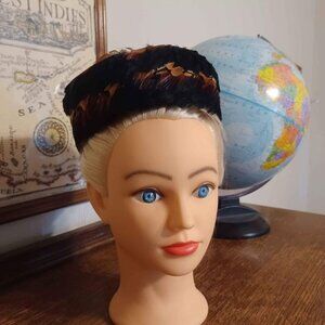 Rare! Unusual 1950s 1960s Feather Pill Box Hat Black with Fall Color Detail